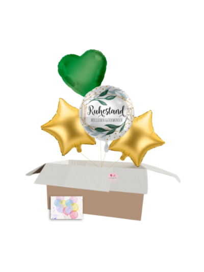 „Ruhestand Ballon-Set“ – Rundes „Ruhestand“-Heliumballon und Stern- sowie Herzballons für den besonderen Abschied