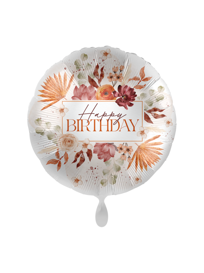 Happy Birthday Satin-Ballon – Blumige Eleganz (Heliumgefüllt