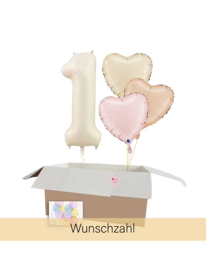 Heliumballon-Geschenk – Wunschzahl & 3 Herzballons in Pastellfarben
