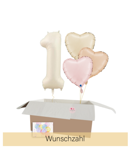 Heliumballon-Geschenk – Wunschzahl & 3 Herzballons in Pastellfarben