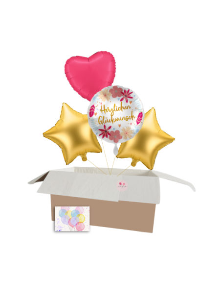 Hochzeitsballon-Set „Herzlichen Glückwunsch“ mit Gold Sternen & Herz – Heliumgefüllt