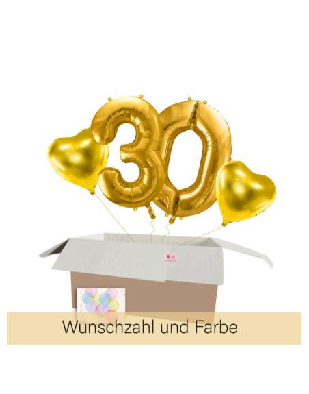 XXL Heliumballon-Geschenk – 2 Wunschzahlen & 2 Herzballons mit Helium in Geschenkbox