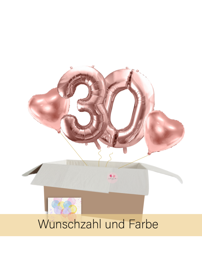 XXL Heliumballon-Geschenk – 2 Wunschzahlen & 2 Herzballons mit Helium in Geschenkbox